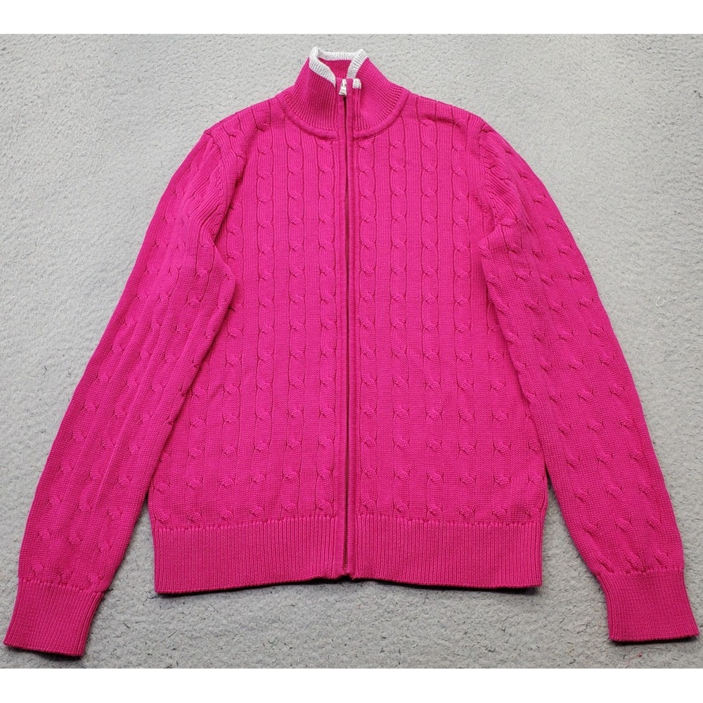 Lauren Ralph Lauren Sweater Womens Medium Pink Cable Knit Mock Neck Full Zip